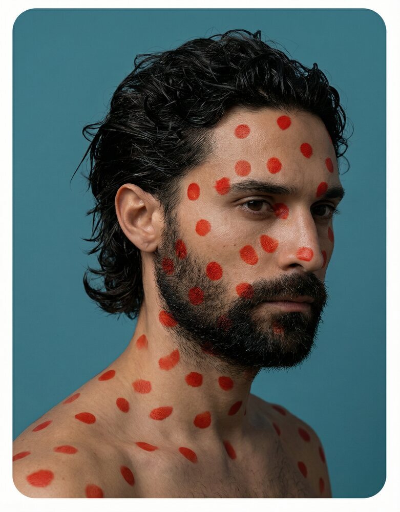 Amos Le Blanc, Canadian film director, close face portrait with red styling