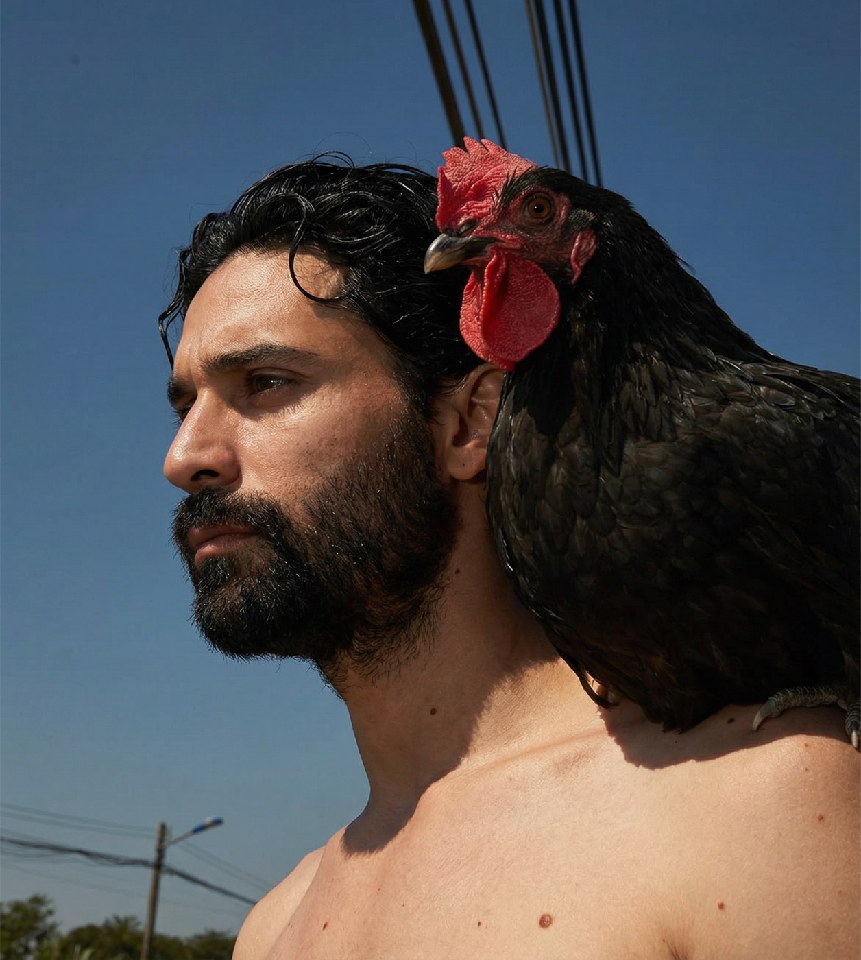 Amos Le Blanc bare-shouldered in profile with a black hen resting against his neck