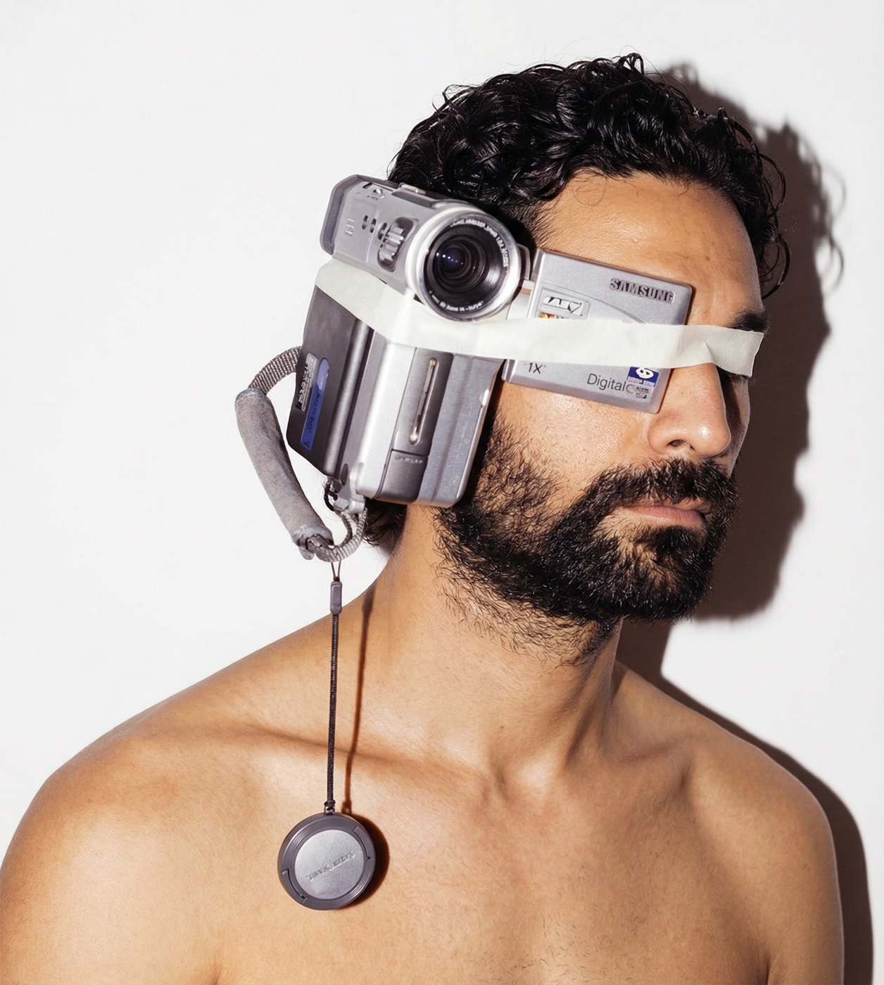 Amos Le Blanc bare-chested with a vintage camcorder taped over his eyes